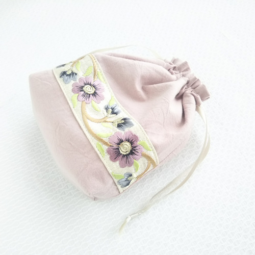 インド刺繍リボンのマチ付き巾着ポーチ 巾着袋(2色)『Creema限定