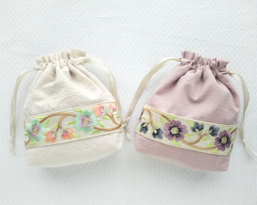 オーダー インド刺繍リボン ミニミニ巾着 ポーチ ハンドメイド 5分で完成⁉︎インド刺繍リボンを使った大人可愛い簡単巾着ポーチ