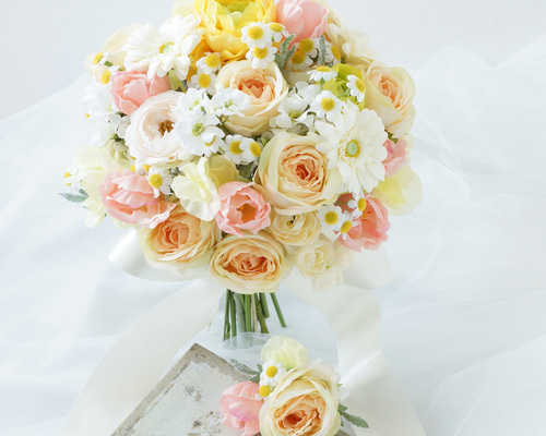 【2月末まで値下げ】春の花嫁さま❤︎チューリップブーケ&ブートニア オーダーメイド】ガーベラとチューリップのナチュラルブーケ