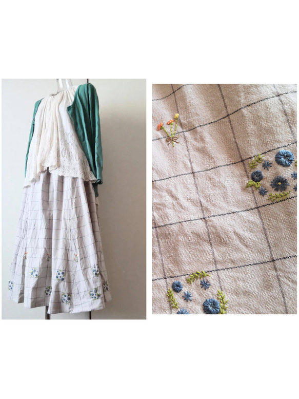 手刺繍ブーケと小花の風合いフレアースカート 3枚目の画像