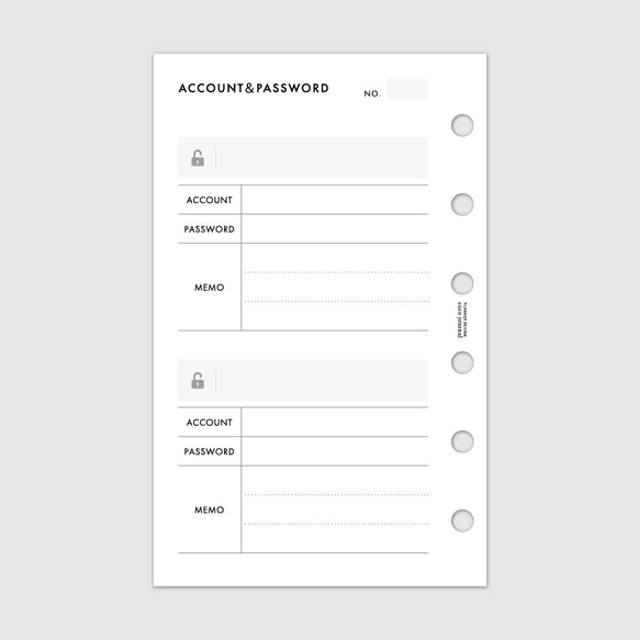 システム手帳リフィル《ミニ6サイズ》アカウント＆パスワード管理リストのリフィル【CBMI_CL22】 2枚目の画像