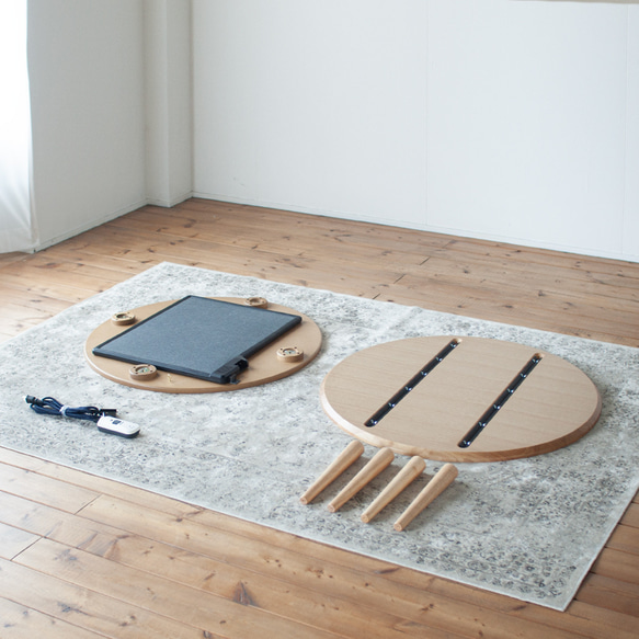 オーク材のラウンドこたつ / こたつ単体［90cm] フラットヒーター 節電 テーブル 日本製 テーブル 日本製 1時間の電気量 ＋4