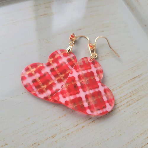 無敵の可愛さ♡チェック柄ハートのピアス フックピアス 大ぶり  