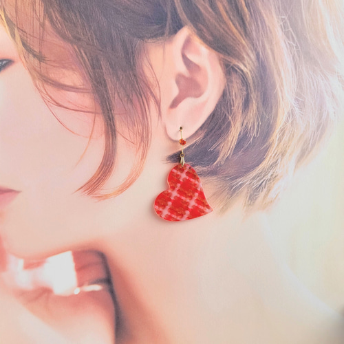無敵の可愛さ♡チェック柄ハートのピアス フックピアス 大ぶり  