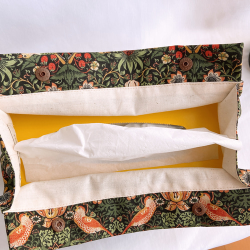 ☆ 紐なし　いちご泥棒柄　ボックスティッシュケース　ウィリアムモリスハンドメイド ☆ 紐なし いちご泥棒柄 ボックスティッシュケース ウィリアムモリス