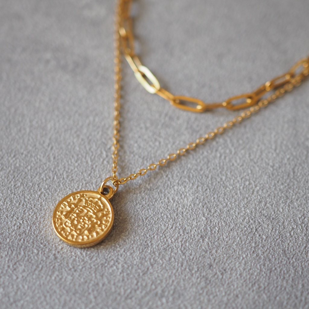 重ね付けコインネックレス＆ケーブルチェーンネックレス  ゴールド  金属アレルギー対応サージカルステンレスN125