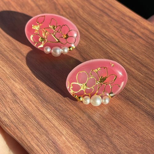 桜＆パール ピンク色 UVレジン アレルギー対応 ゼリー透明感 ピアス