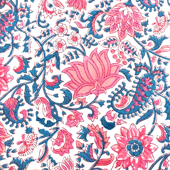 [50cm單位]白色粉紅色蓮花印度手工塊印花布料紡織棉 第2張的照片