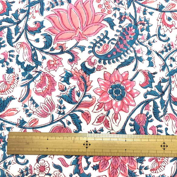 [50cm單位]白色粉紅色蓮花印度手工塊印花布料紡織棉 第6張的照片