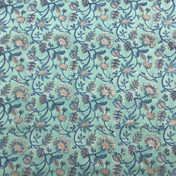 [50cm單位]藍綠色米色花朵印度手工塊印花布料紡織棉 第4張的照片