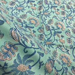 [50cm單位]藍綠色米色花朵印度手工塊印花布料紡織棉 第5張的照片