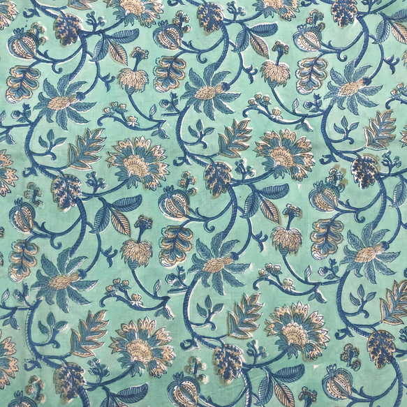 [50cm單位]藍綠色米色花朵印度手工塊印花布料紡織棉 第3張的照片