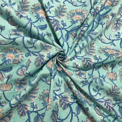 [50cm單位]藍綠色米色花朵印度手工塊印花布料紡織棉 第1張的照片