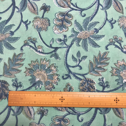 [50cm單位]藍綠色米色花朵印度手工塊印花布料紡織棉 第6張的照片