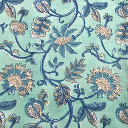 [50cm單位]藍綠色米色花朵印度手工塊印花布料紡織棉 第2張的照片