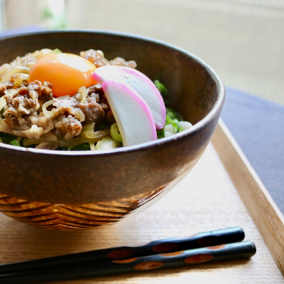 Uどんぶり鉢　丼鉢　めん鉢　ヘリンボーン柄　チャイティーベージュ（手彫り） 7枚目の画像