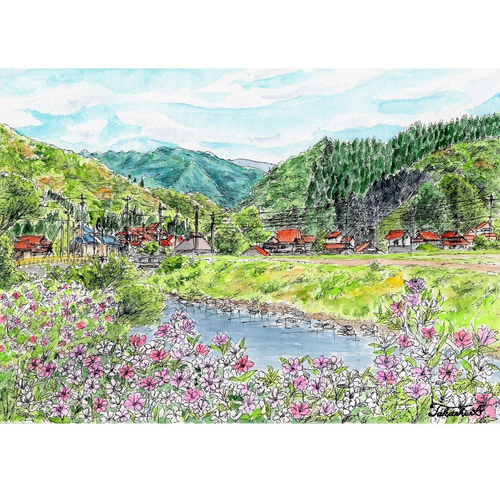 原画一点物 「ツツジの花が咲く春の遊歩道」 <ペンスケッチ+ 原画一点物 「ツツジの花が咲く春の遊歩道」 <ペンスケッチ+