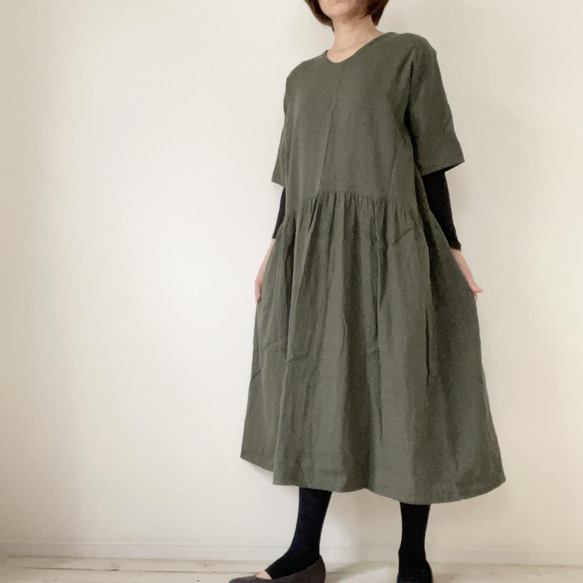 □綿麻Wガーゼギャザーチュニックワンピース☆カーキ、黒、紺色、生成  