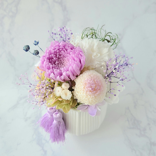 ブリザードフラワーアレンジ☆パープルピンク☆お仏花タイプ　ラッピングします♪ 仏花 プリザーブドフラワー アレンジメント お供え お悔やみ 花 贈り物