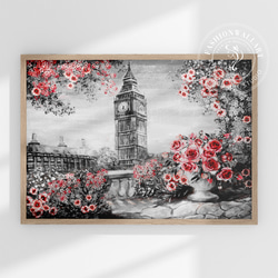 モダン サマーロンドン Roses & Big Ben 油絵風  / インテリアポスター 海外アート /4696 1枚目の画像