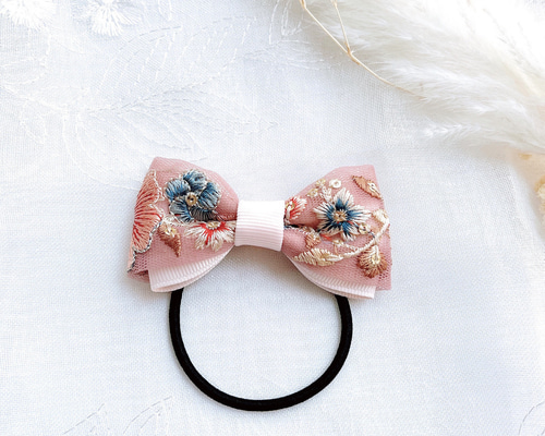 大人可愛いリボンヘアゴム☆インド刺繍リボン×ペタシャムリボン