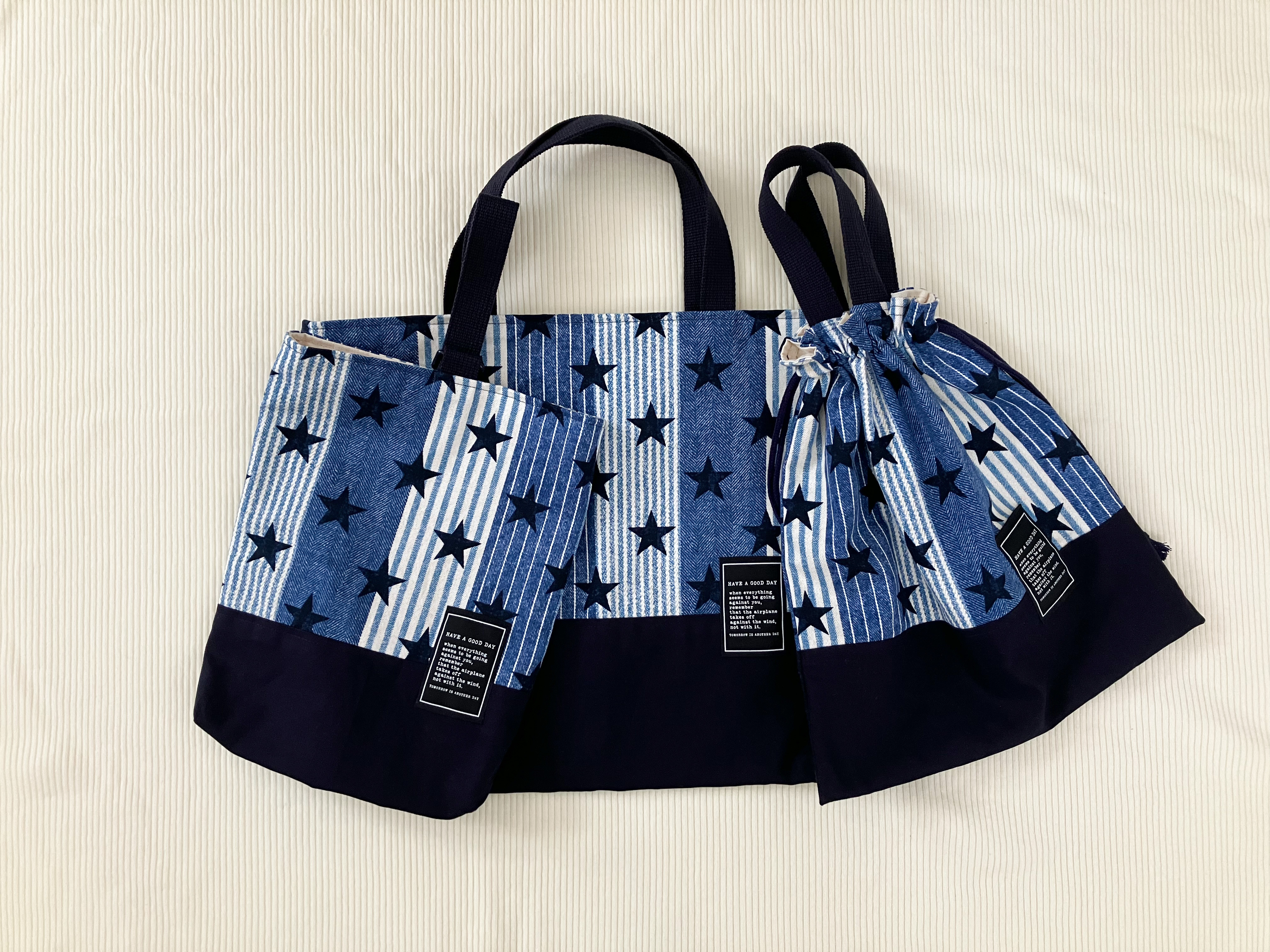 【再販なし/最後の1点】＼名入れ／スター柄ネイビーの入学入園3点セット　絵本バッグ　上靴袋　体操服入れ　入園入学グッズ