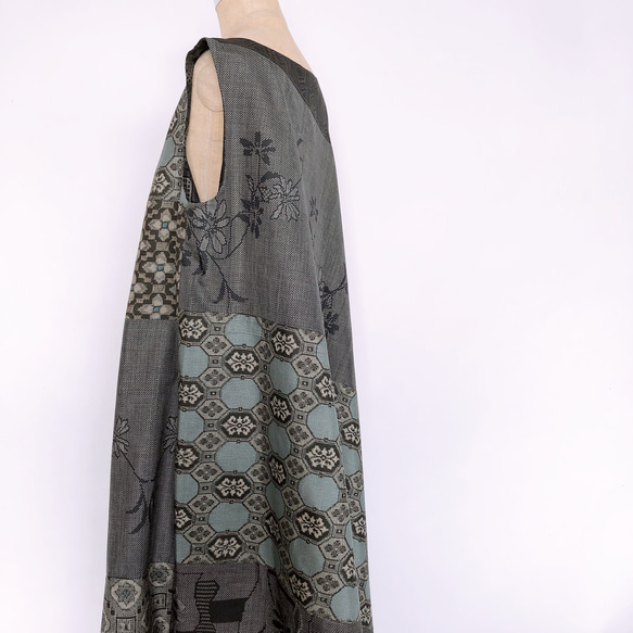 "大島紬ワンピース" パッチワーク テントワンピース グレー ロング ノースリーブ 上品 上質 M〜3L（B5304） 4枚目の画像