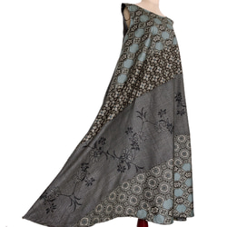 "大島紬ワンピース" パッチワーク テントワンピース グレー ロング ノースリーブ 上品 上質 M〜3L（B5304） 8枚目の画像