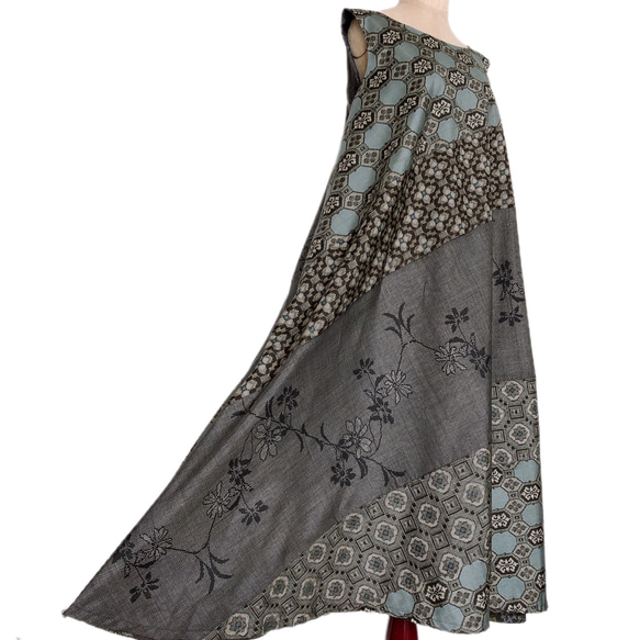 "大島紬ワンピース" パッチワーク テントワンピース グレー ロング ノースリーブ 上品 上質 M〜3L（B5304） 8枚目の画像