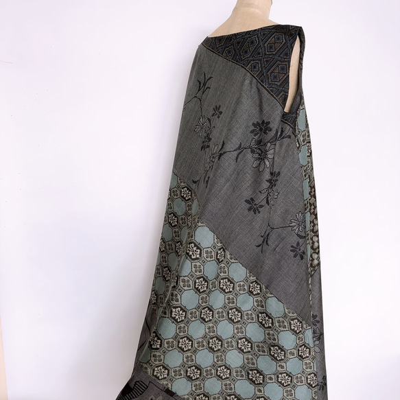 "大島紬ワンピース" パッチワーク テントワンピース グレー ロング ノースリーブ 上品 上質 M〜3L（B5304） 5枚目の画像