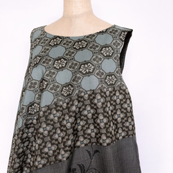 "大島紬ワンピース" パッチワーク テントワンピース グレー ロング ノースリーブ 上品 上質 M〜3L（B5304） 2枚目の画像