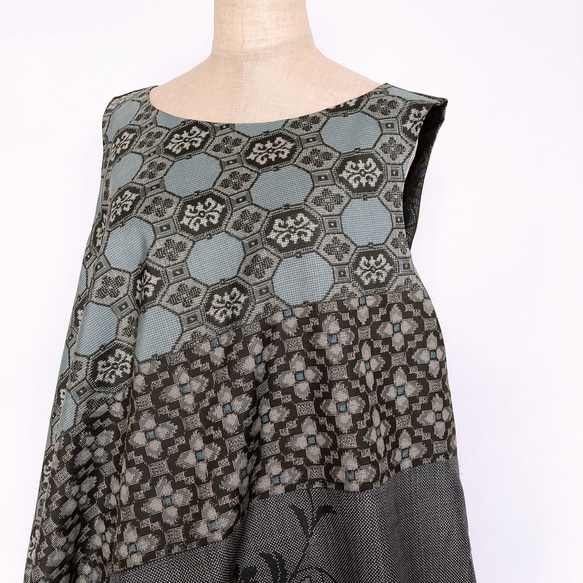 "大島紬ワンピース" パッチワーク テントワンピース グレー ロング ノースリーブ 上品 上質 M〜3L（B5304） 2枚目の画像