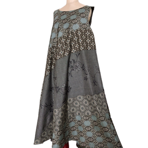 "大島紬ワンピース" パッチワーク テントワンピース グレー ロング ノースリーブ 上品 上質 M〜3L（B5304） 11枚目の画像