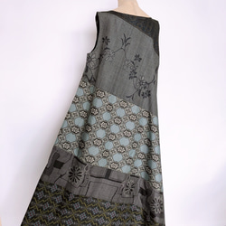 "大島紬ワンピース" パッチワーク テントワンピース グレー ロング ノースリーブ 上品 上質 M〜3L（B5304） 6枚目の画像