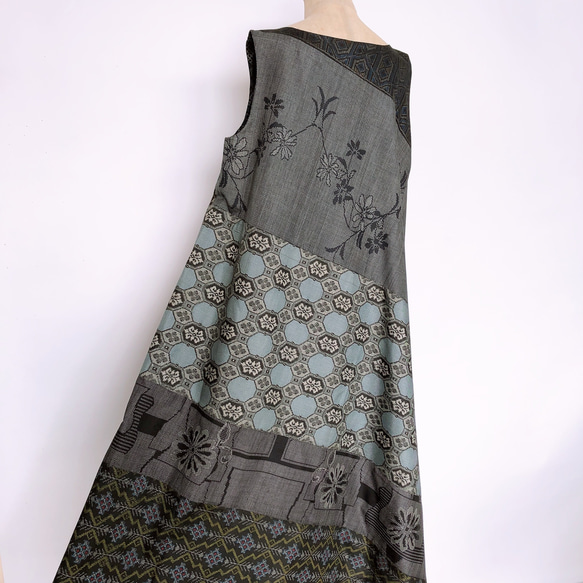 "大島紬ワンピース" パッチワーク テントワンピース グレー ロング ノースリーブ 上品 上質 M〜3L（B5304） 6枚目の画像