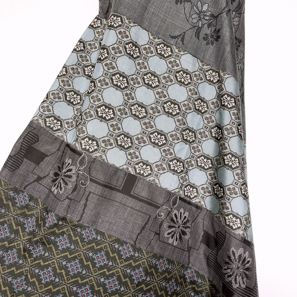 "大島紬ワンピース" パッチワーク テントワンピース グレー ロング ノースリーブ 上品 上質 M〜3L（B5304） 7枚目の画像