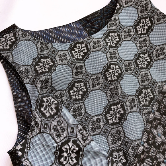 "大島紬ワンピース" パッチワーク テントワンピース グレー ロング ノースリーブ 上品 上質 M〜3L（B5304） 13枚目の画像