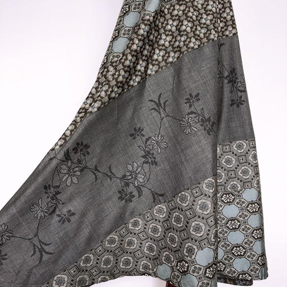 "大島紬ワンピース" パッチワーク テントワンピース グレー ロング ノースリーブ 上品 上質 M〜3L（B5304） 10枚目の画像