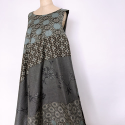 "大島紬ワンピース" パッチワーク テントワンピース グレー ロング ノースリーブ 上品 上質 M〜3L（B5304） 12枚目の画像