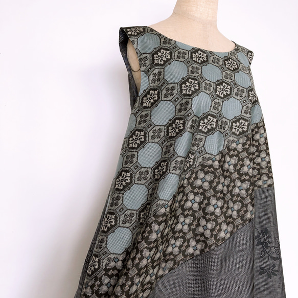 "大島紬ワンピース" パッチワーク テントワンピース グレー ロング ノースリーブ 上品 上質 M〜3L（B5304） 9枚目の画像