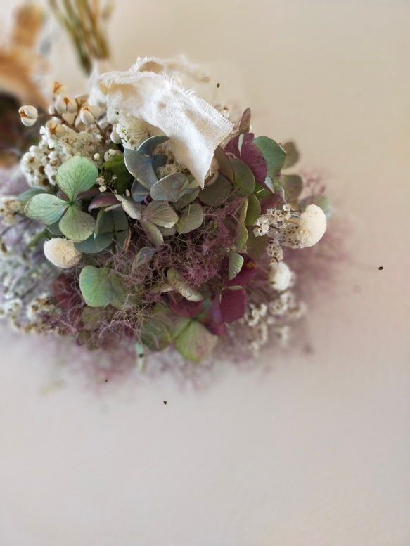 紫陽花とスモークツリーのドライフラワーくすみグラデーションスワッグ（受注製作） 6枚目の画像