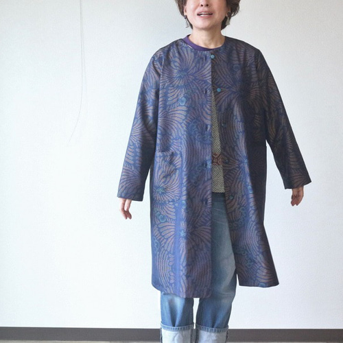 ハンドメイド コート 青 紬 着物リメイク 着物リメイクロングコート/濃い青・紬 コート Futari 通販