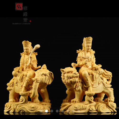 木彫り 仏像 文殊菩薩 普賢菩薩座像一式 柘植材 仏教工芸 精密彫刻 CD