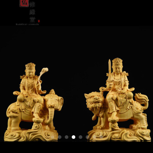 木彫り 仏像 文殊菩薩 普賢菩薩座像一式 柘植材 仏教工芸 精密彫刻 CD