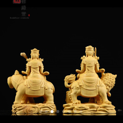 木彫り 仏像 文殊菩薩 普賢菩薩座像一式 柘植材 仏教工芸 精密彫刻 CD