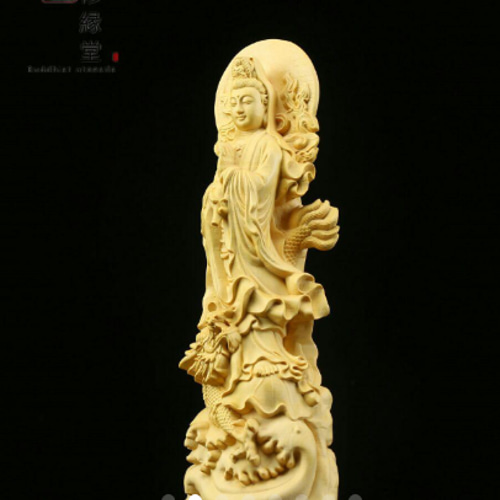 極上品 木彫り 仏像 御龍観音菩薩立像 柘植材 仏教工芸 精密彫刻