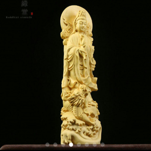 極上品 木彫り 仏像 御龍観音菩薩立像 柘植材 仏教工芸 精密彫刻HI 