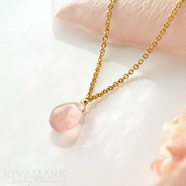 大粒サクラクォーツ 数量限定 ローズクォーツネックレス 約8ｍｍ プレーンペアドロップ