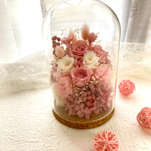 桜色ピンクホワイト系薔薇プリザーブドフラワーガラスドーム 母の日