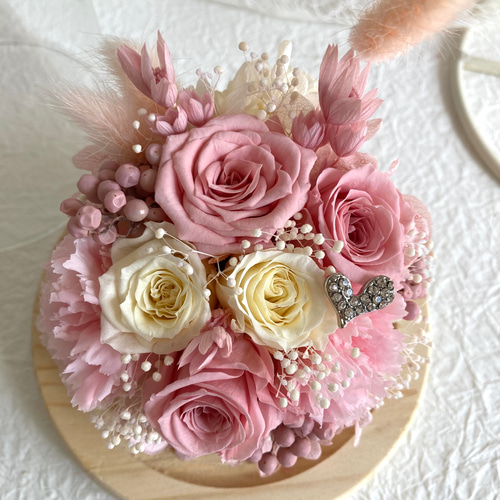 桜色ピンクホワイト系薔薇プリザーブドフラワーガラスドーム 母の日